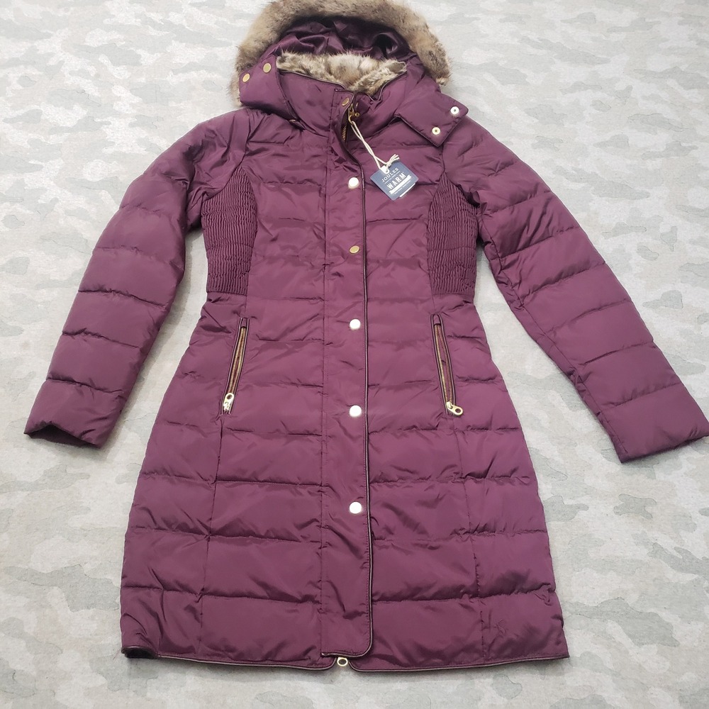 Joules Caldecott Caot Women 4 Purple Down Filled Faux Fur Hood Quilted NWT